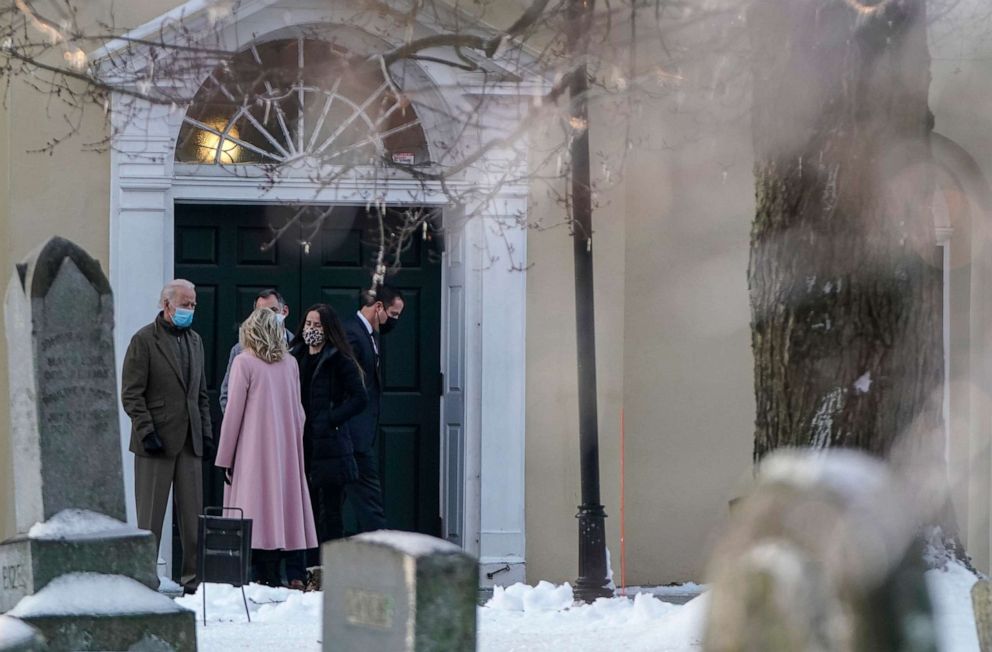 PHOTO: President-elect Joe Biden arrives for a church service with Dr. Jill Biden at St. Joseph on the Brandywine, Dec. 18, 2020, in Wilmington, Del.