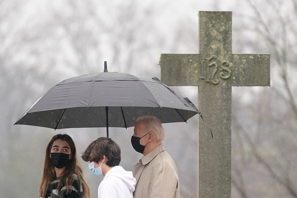 PHOTO: President Joe Biden departs after attending Mass with his grandchildren Natalie Biden, left, and Hunter Biden at St. Joseph on the Brandywine Catholic Church, Sunday, Feb. 28, 2021, in Wilmington, Del.