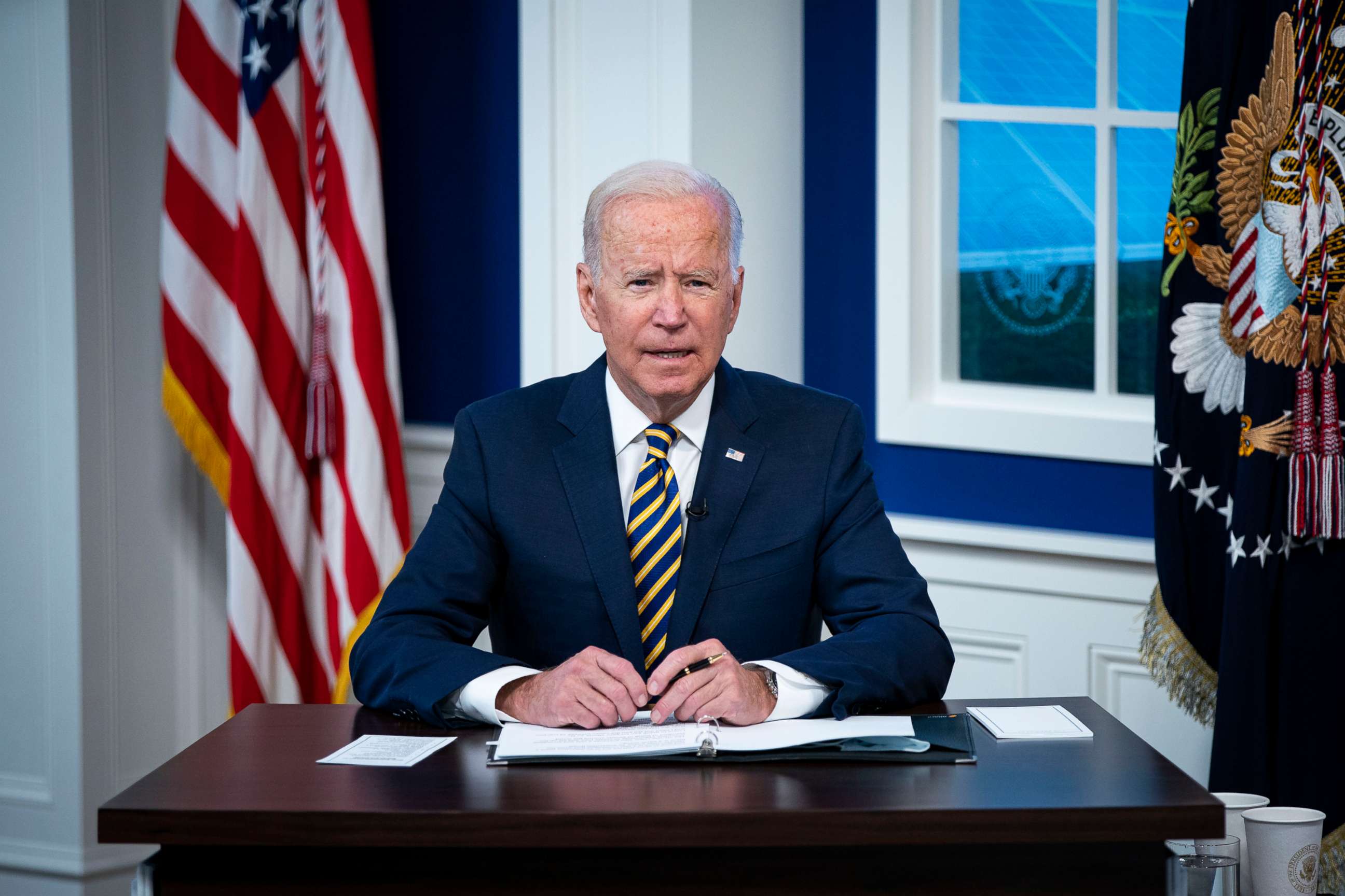 PHOTO: In this Sept. 17, 2021, file photo, President Joe Biden speaks during a conference call on climate change with the Major Economies Forum on Energy and Climate in the Eisenhower Executive Office Building in Washington, D.C.