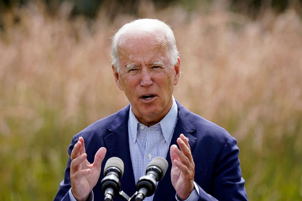 PHOTO: Democratic presidential candidate and former Vice President Joe Biden speaks about climate change and wildfires affecting western states, Sept. 14, 2020, in Wilmington, Del.