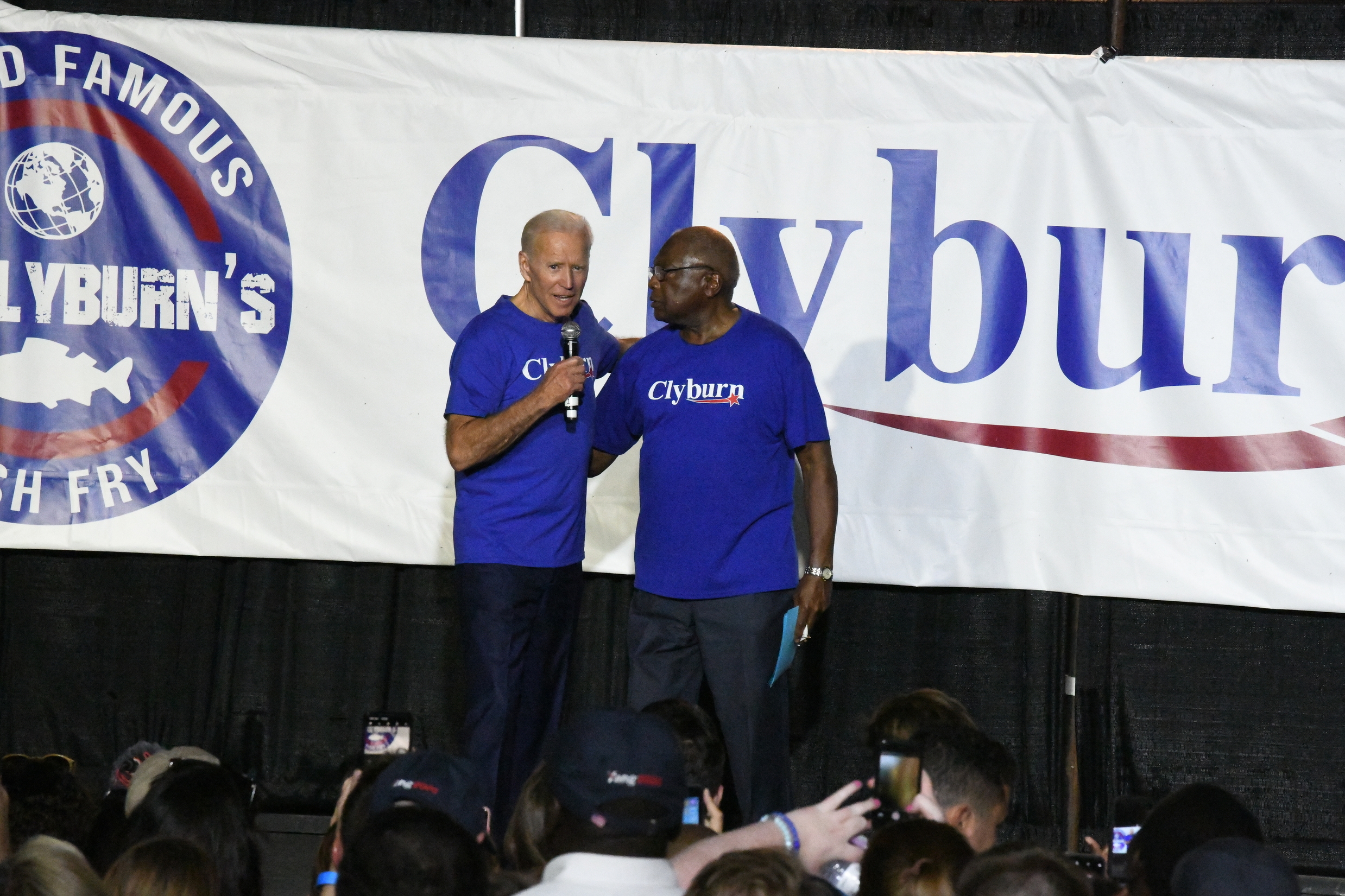 PHOTO: Former Vice President Joe Biden, left, greets House Majority Whip Jim Clyburn at the "World Famous Fish Fry" on Friday, June 21, 2019, in Columbia, S.C.