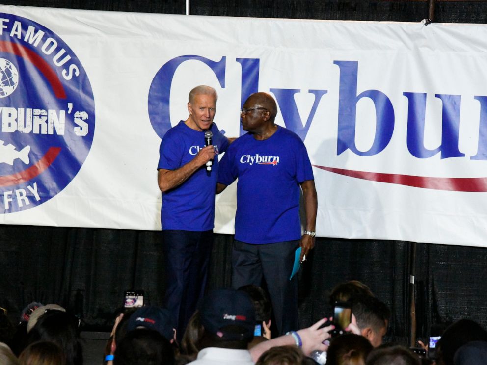 PHOTO: Former Vice President Joe Biden, left, greets House Majority Whip Jim Clyburn at the World Famous Fish Fry on Friday, June 21, 2019, in Columbia, S.C.