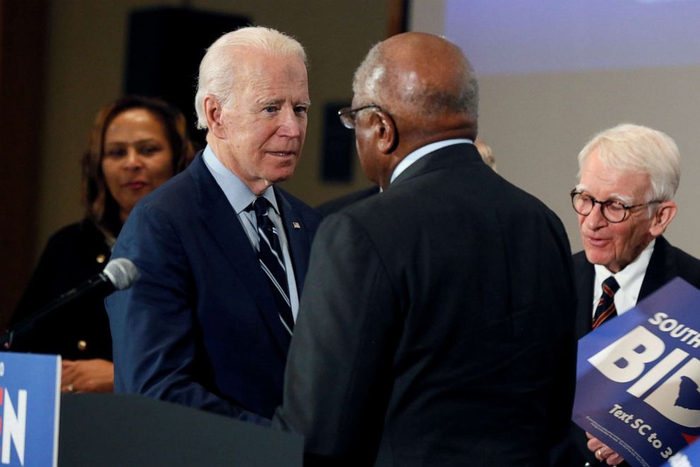 PHOTO: Rep. James Clyburn shakes hands with Democratic presidential candidate and former Vice President Joe Biden after announcing his endorsement, in North Charleston, S.C., Feb. 26, 2020.