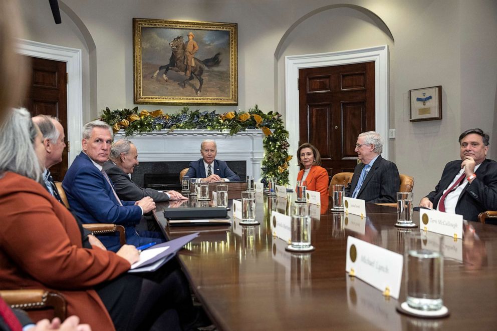 PHOTO: President Joe Biden meets with Congressional Leaders to discuss legislative priorities through the end of 2022, at the White House on November 29, 2022 in Washington, DC.