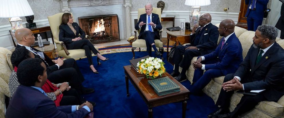 PHOTO: President Joe Biden and Vice President Kamala Harris meet with members of the Congressional Black Caucus in the Oval Office of the White House in Washington, D.C., Feb. 2, 2023.