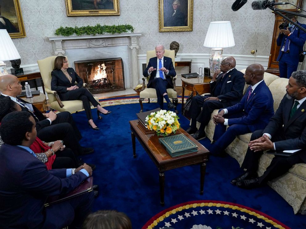 PHOTO: President Joe Biden and Vice President Kamala Harris meet with members of the Congressional Black Caucus in the Oval Office of the White House in Washington, D.C., Feb. 2, 2023.