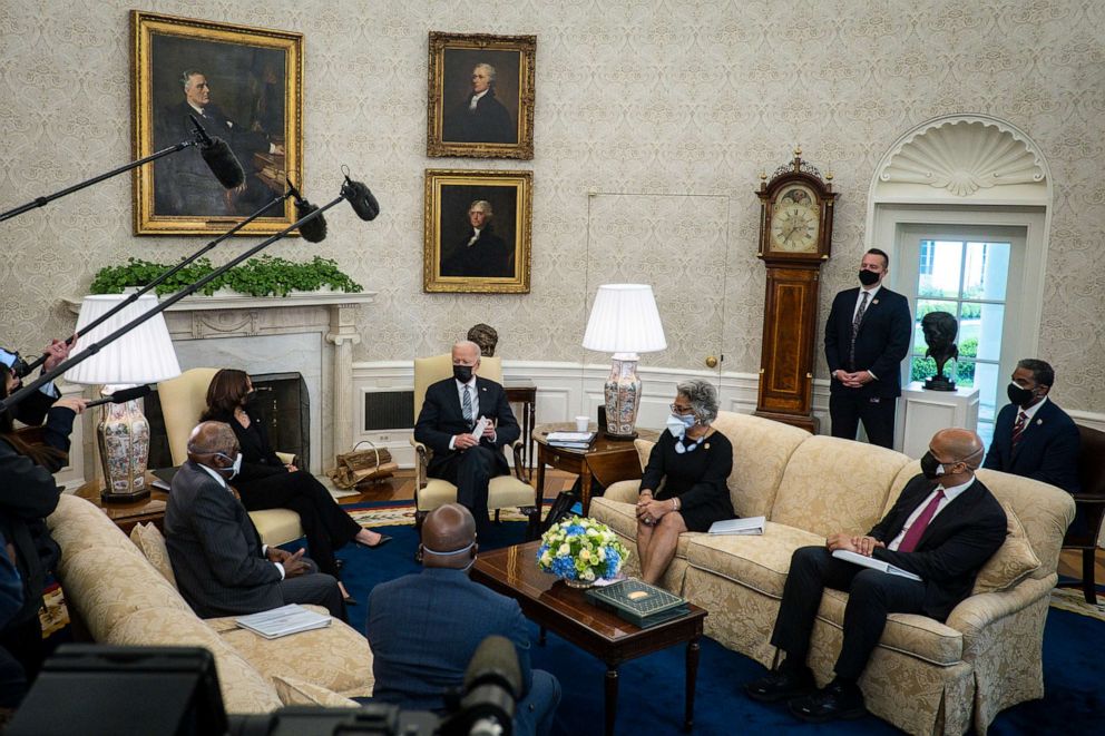 PHOTO: In this April 13, 2021, file photo, President Joe Biden and Vice President Kamala Harris meet with members of the Congressional Black Caucus in the Oval Office at the White House, in Washington, D.C.
