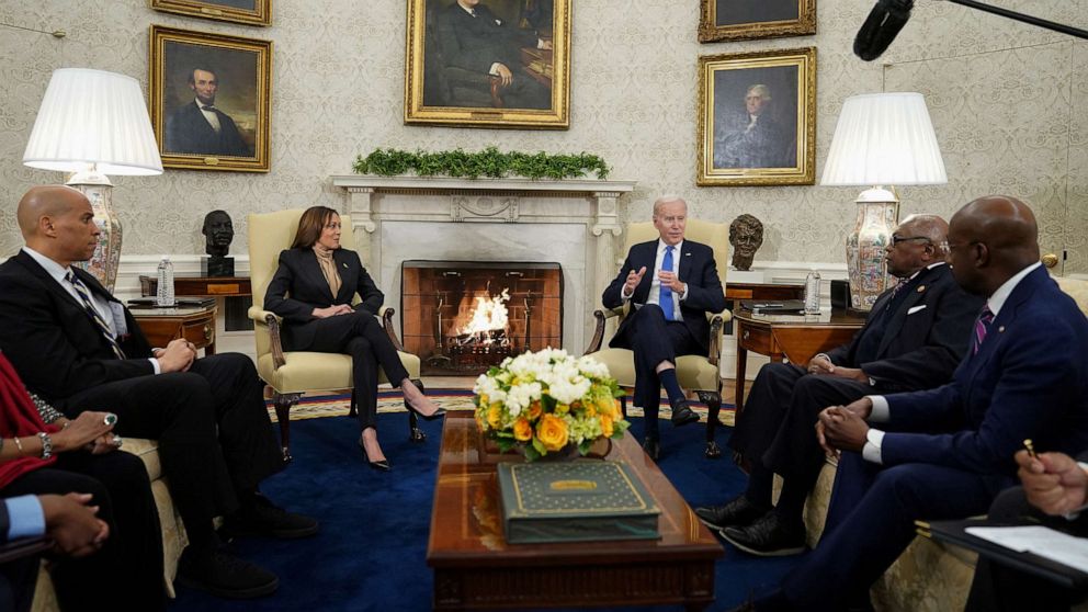 PHOTO: President Joe Biden and Vice President Kamala Harris meet with members of the Congressional Black Caucus at the White House in Washington, D.C., Feb. 2, 2023.