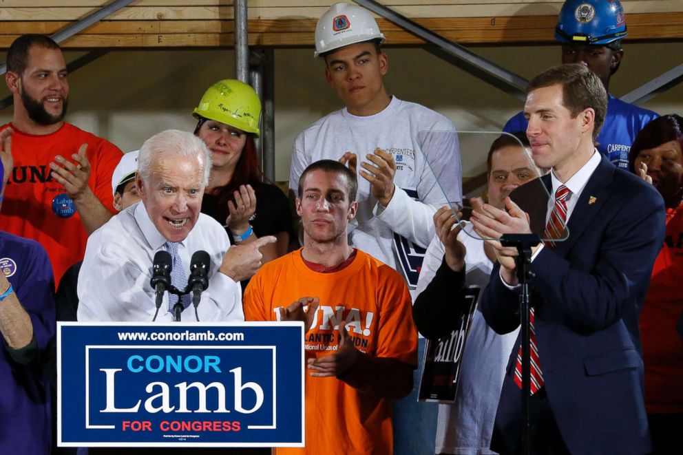 PHOTO: Former Vice President Joe Biden campaigns for Conor Lamb, right, the Democratic candidate for the special election in Pennsylvania's 18th Congressional District, during a rally at the Carpenter's Training Center in Collier, Pa., March 6, 2018.