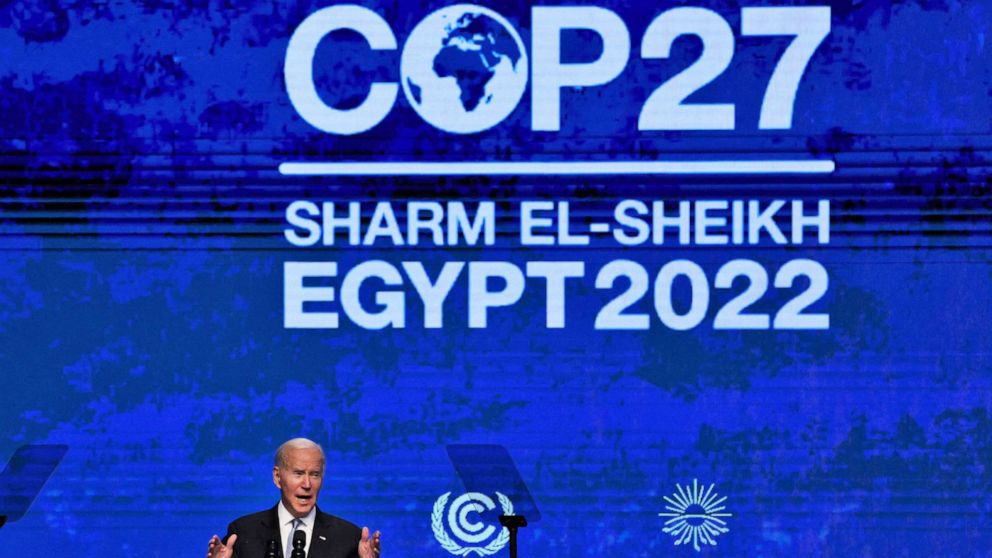 PHOTO: President Joe Biden delivers a speech at the COP27 climate conference in the Egyptian Red Sea resort town of Sharm el-Sheikh November 11, 2022.