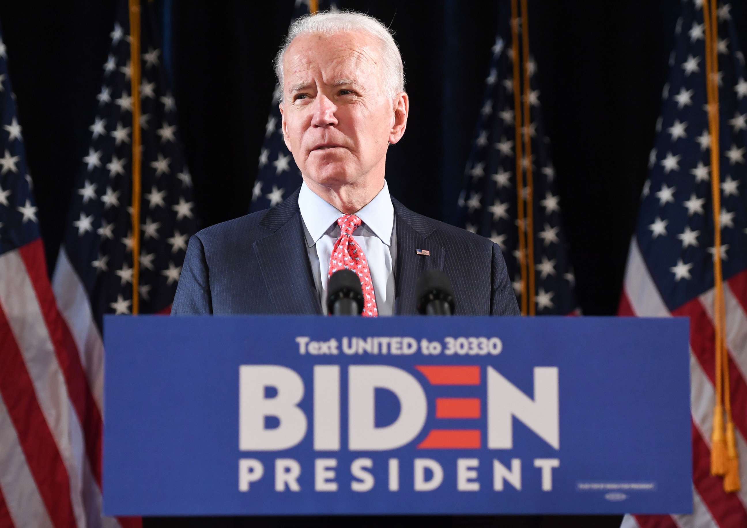 PHOTO: Former Vice President and Democratic presidential hopeful Joe Biden speaks about COVID-19, known as the Coronavirus, during a press event in Wilmington, Del., March 12, 2020.