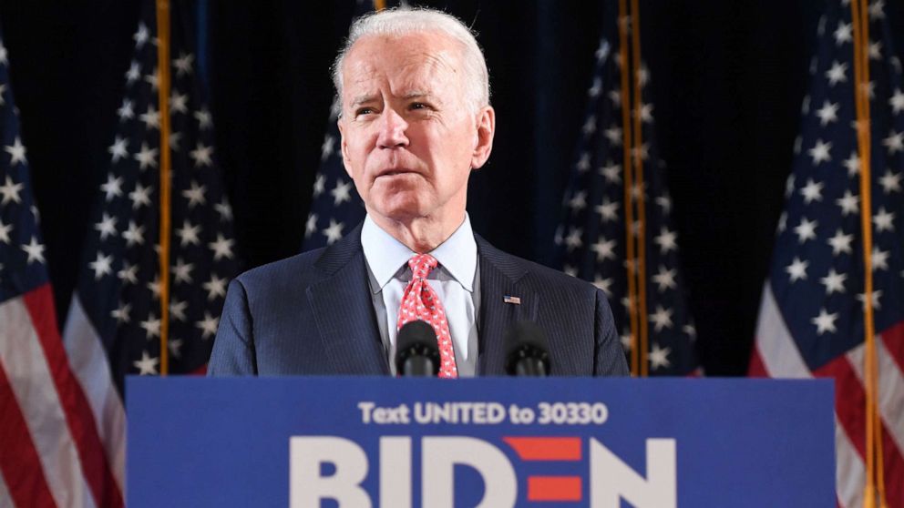PHOTO: Former Vice President and Democratic presidential hopeful Joe Biden speaks about COVID-19, known as the Coronavirus, during a press event in Wilmington, Del., March 12, 2020.