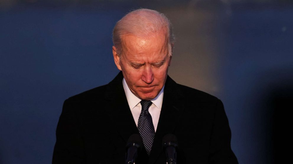 PHOTO: President-elect Joe Biden pauses as he speaks at a memorial for victims of the COVID-19 pandemic at the Lincoln Memorial on the eve of the presidential inauguration on Jan. 19, 2021, in Washington, D.C.