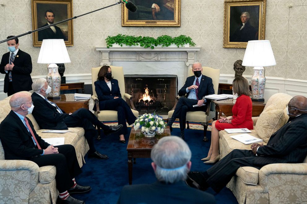 PHOTO: President Joe Biden and Vice President Kamala Harris meet with House Democratic leaders in the Oval Office at the White House, Feb. 5, 2021.