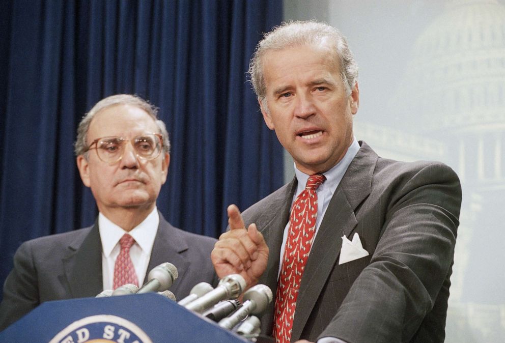 PHOTO:Sen. Joseph Biden, D-Del., right, accompanied by Senate Majority Leader George Mitchell of Maine, gestures during a Capitol Hill news conference, Aug. 25, 1994, after the Senate voted to push the $30 billion crime bill.