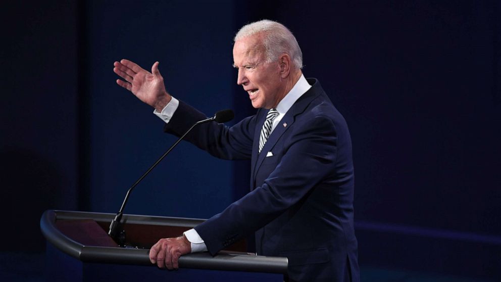 PHOTO: Democratic Presidential candidate and former Vice President Joe Biden speaks during the first presidential debate in Cleveland, Sept. 29, 2020.