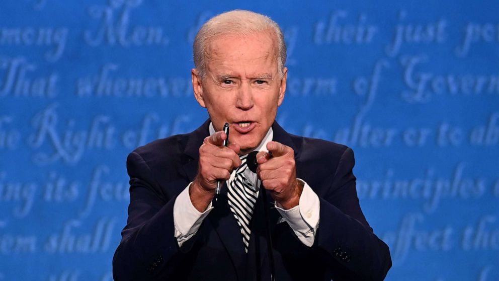 PHOTO: Democratic Presidential candidate and former US Vice President Joe Biden speaks during the first presidential debate in Cleveland, Sept. 29, 2020.