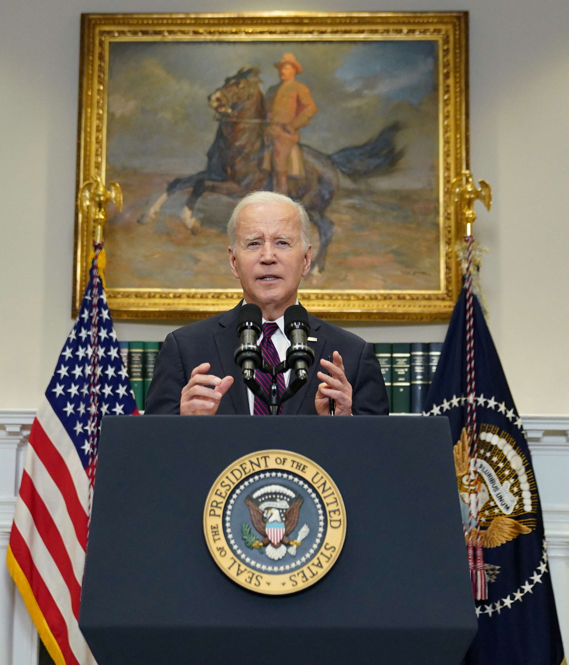 PHOTO: President Biden speaks to reporters in the Roosevelt Room after holding debt limit talks with House Speaker McCarthy (R-CA), Senate Republican Leader McConnell (R-KY) and Democratic congressional leaders at the White House, May 9, 2023.