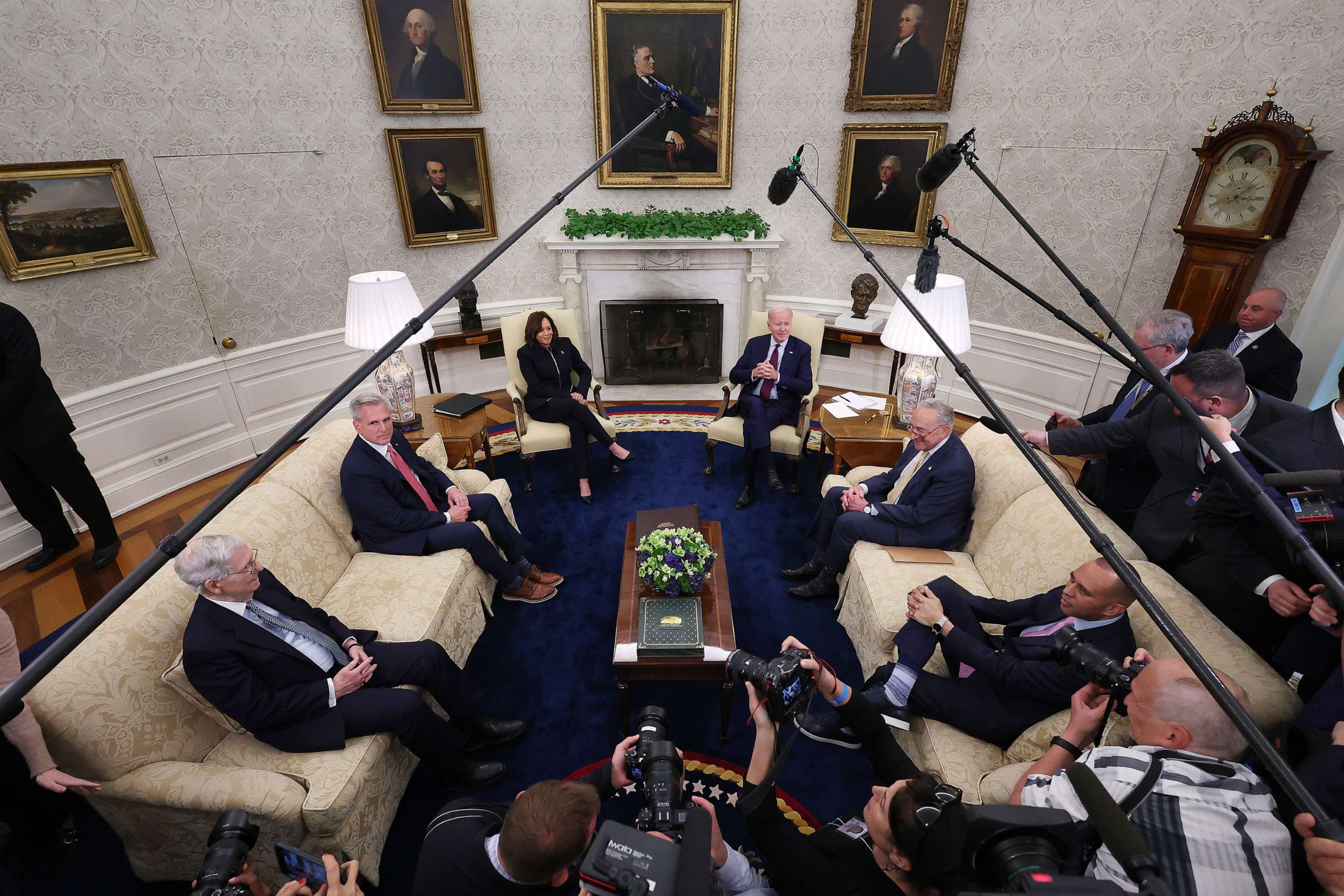 PHOTO: President Joe Biden and Vice President Kamala Harris host Congressional leaders for a meeting about raising the debt limit in the Oval Office at the White House on May 16, 2023.