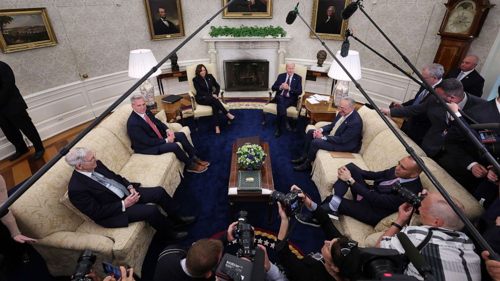 PHOTO: President Joe Biden and Vice President Kamala Harris host Congressional leaders for a meeting about raising the debt limit in the Oval Office at the White House on May 16, 2023.