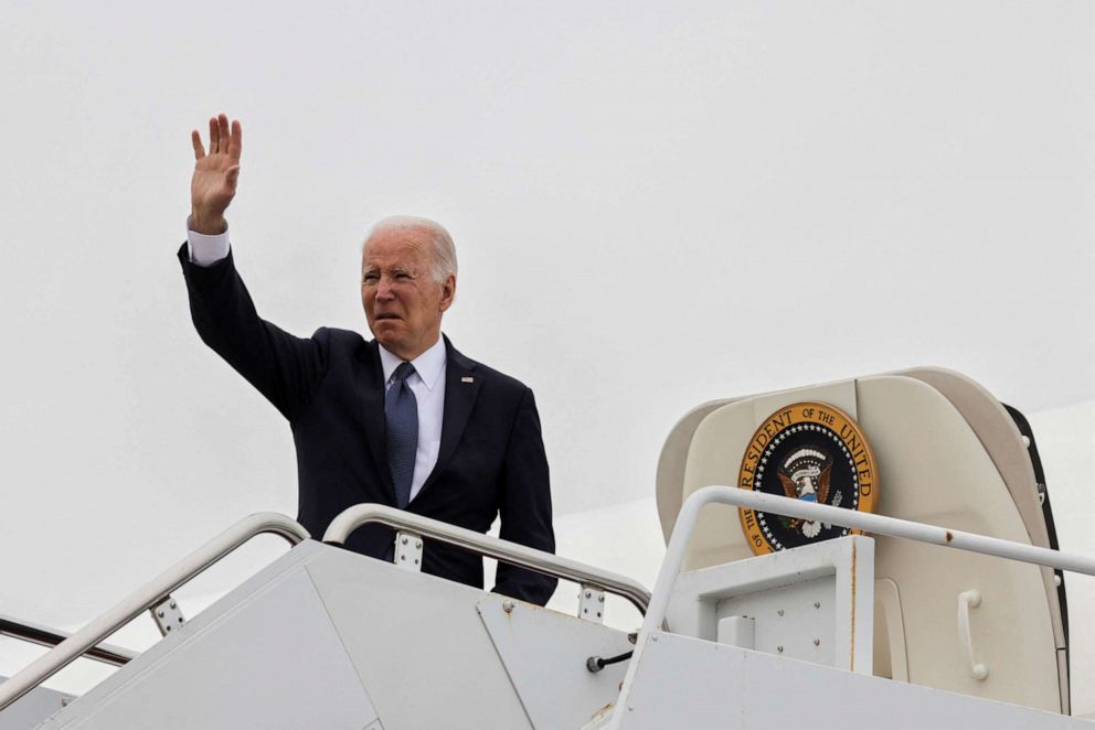 PHOTO: President Joe Biden boards Air Force One at Delaware Air National Guard Base, in New Castle, Delaware, U.S., April 25, 2022.