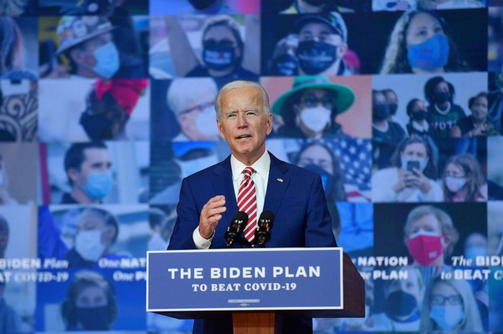 PHOTO: Democratic presidential nominee and former Vice President Joe Biden delivers remarks on COVID-19 at The Queen theater on Oct. 23, 2020, in Wilmington, Del.