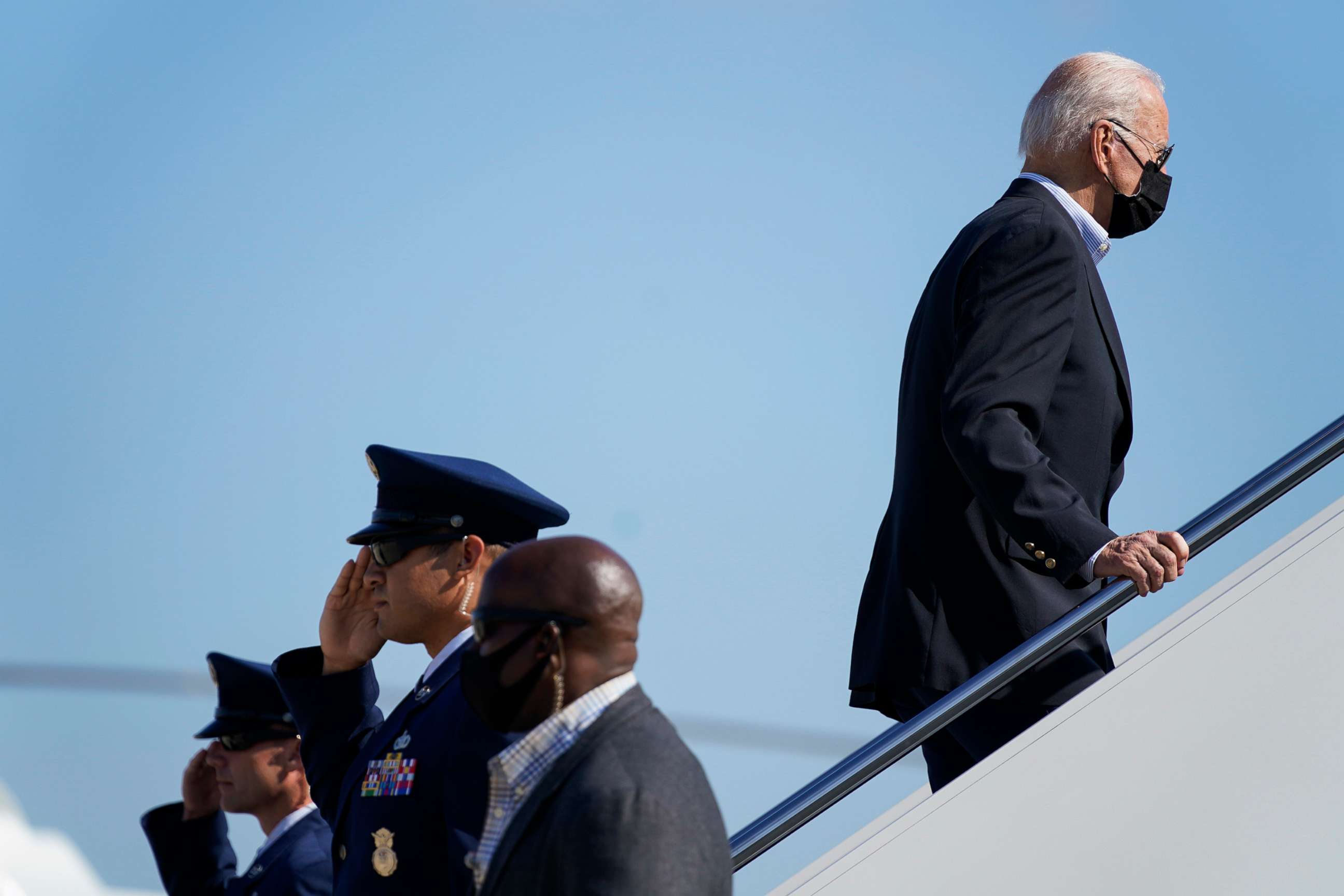 PHOTO: President Joe Biden boards Air Force One for a trip to tour areas affected by Hurricane Ida in New Jersey and New York, Sept. 7, 2021, at Andrews Air Force Base, Md.