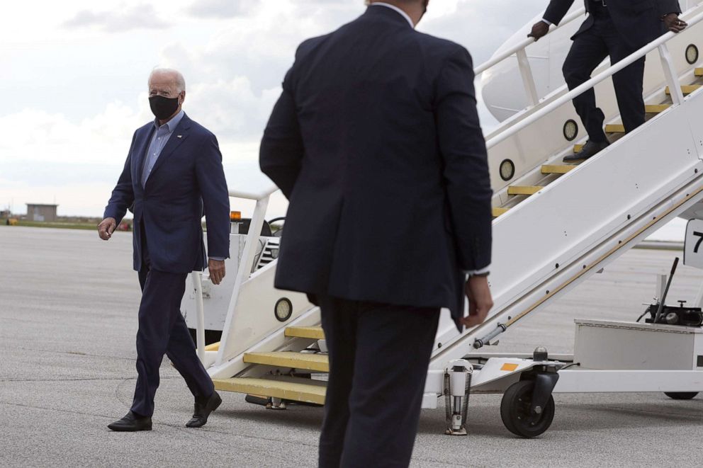 PHOTO: Democratic presidential nominee Joe Biden arrives at Burke Lakefront Airport Sept. 29, 2020, in Cleveland, ahead of the first presidential debate with President Donald Trump.