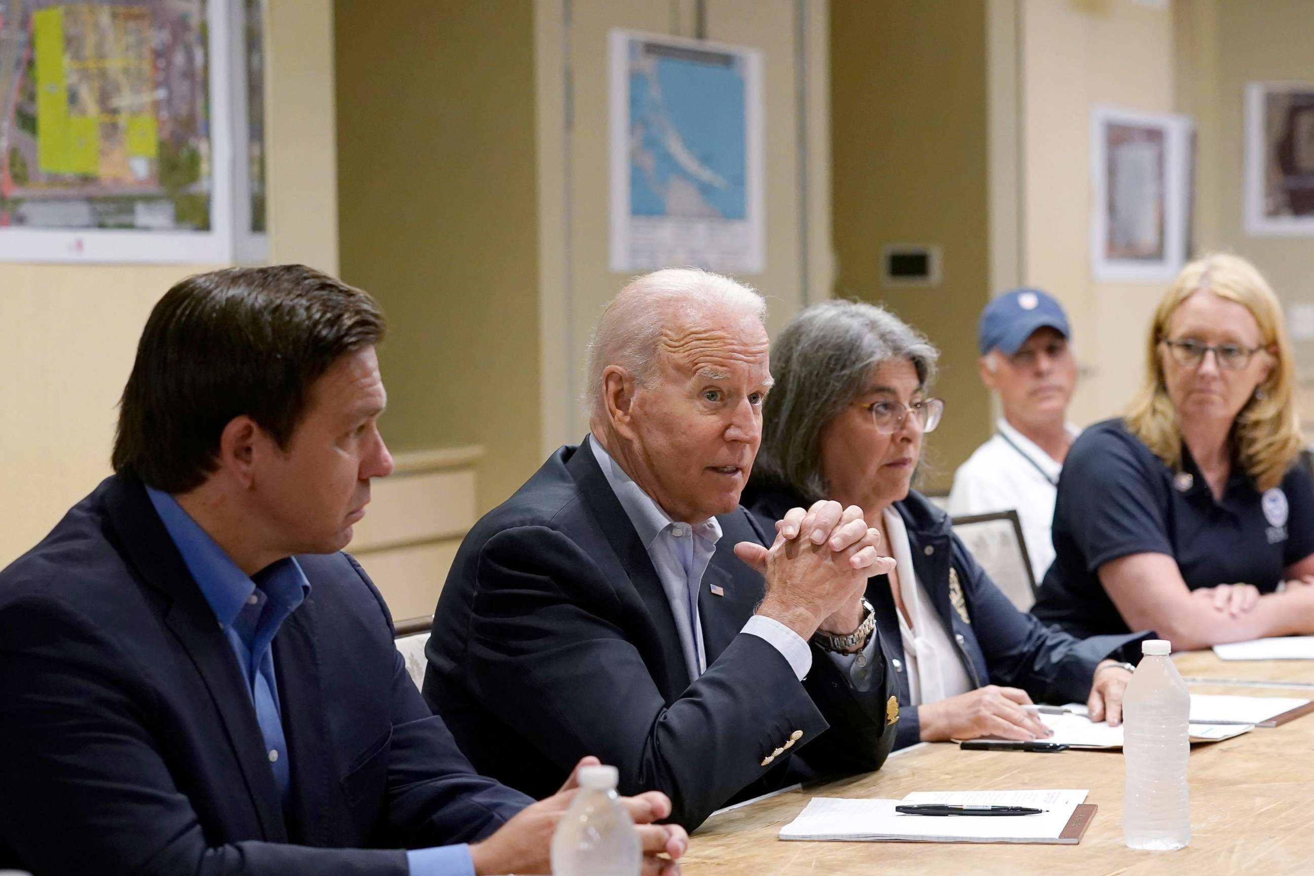 PHOTO: President Joe Biden, flanked by Florida Gov. Ron DeSantis and Incident Commander Mayor Daniella Levine Cava, speaks during a briefing in Miami Beach, Fla., July 1, 2021, on the condo tower that collapsed in Surfside, Fla., last week.