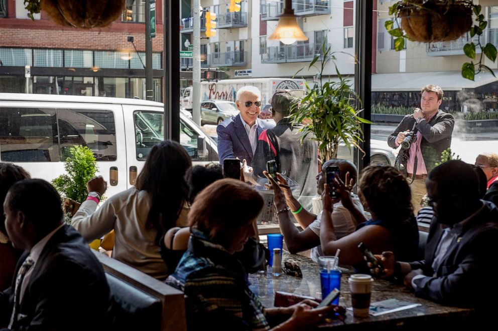 PHOTO: Former Vice President Joe Biden stops to chat outside the Coney Island restaurant, Aug. 1, 2019, in Detroit.