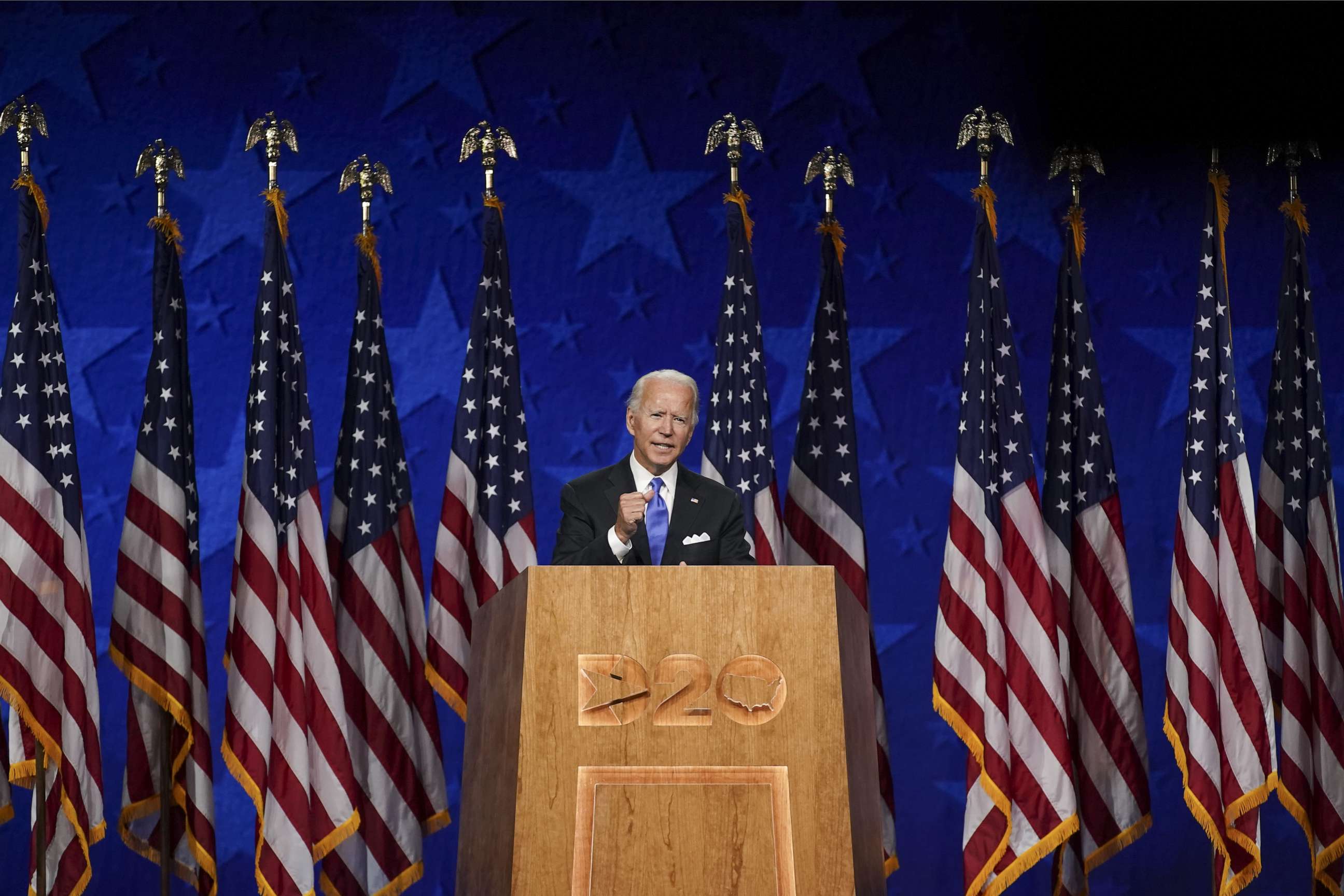 PHOTO: Former Vice President Joe Biden, Democratic presidential nominee, speaks during the Democratic National Convention at the Chase Center in Wilmington, Delaware, Aug. 20, 2020.
