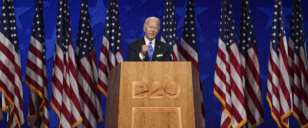PHOTO: Former Vice President Joe Biden, Democratic presidential nominee, speaks during the Democratic National Convention at the Chase Center in Wilmington, Delaware, Aug. 20, 2020.