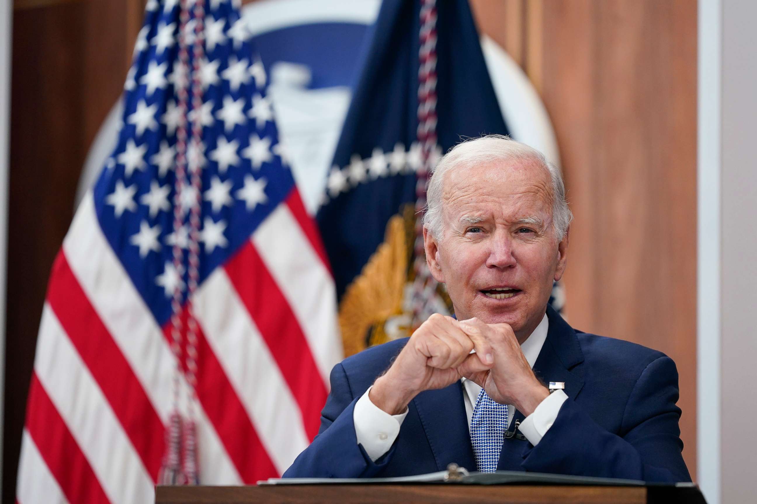 PHOTO: President Joe Biden speaks about the economy during a meeting with CEOs in the South Court Auditorium on the White House complex in Washington, D.C., on July 28, 2022.
