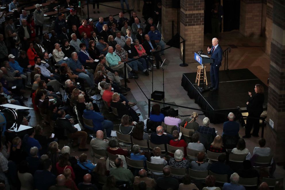 PHOTO: Democratic Presidential candidate former vice president Joe Biden speaks to guests during a campaign stop at the RiverCenter in Davenport, Iowa, Oct. 16, 2019.