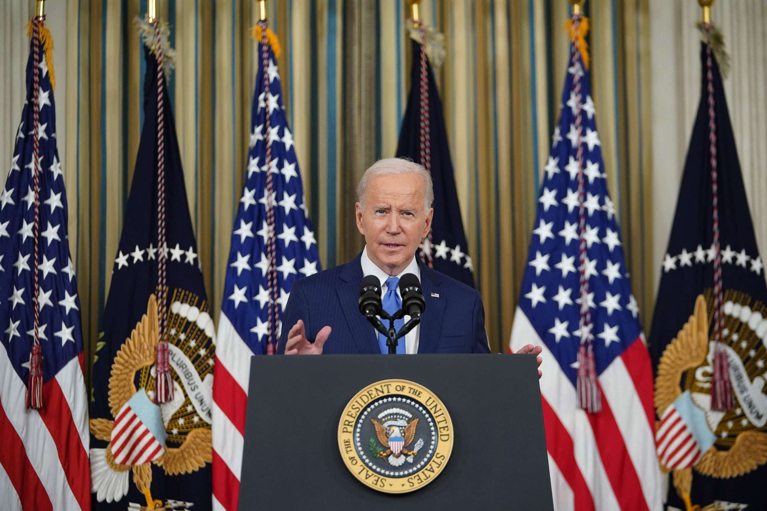 PHOTO: US President Joe Biden speaks during a post-election press conference in the State Dining Room of the White House in Washington, DC on Nov. 9, 2022. 