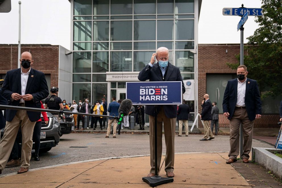PHOTO: Democratic presidential nominee Joe Biden speaks to reporters while visiting a voter mobilization center, Oct. 26, 2020, in Chester, Pennsylvania.