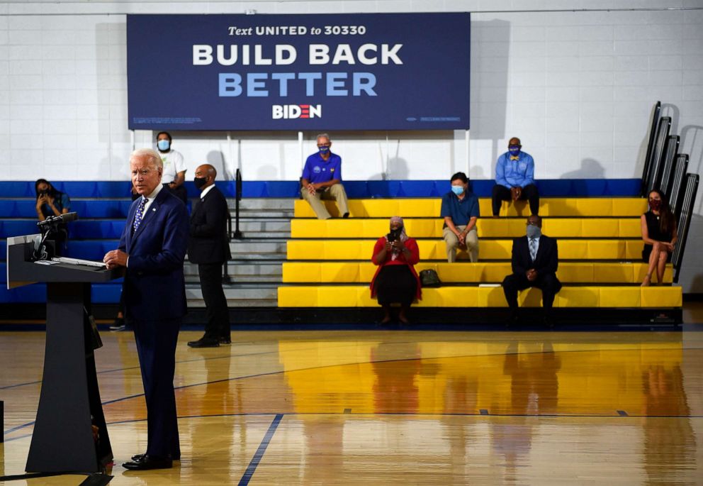 PHOTO: Democratic presidential candidate and former Vice President Joe Biden speaks during a campaign event at the William "Hicks" Anderson Community Center in Wilmington, Del., July 28, 2020. 
