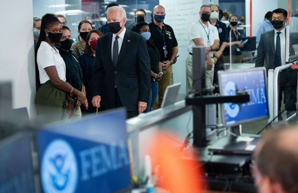 PHOTO: President Joe Biden visits FEMA Headquarters to speak about Hurricane Ida in Washington, DC, Aug. 29, 2021.