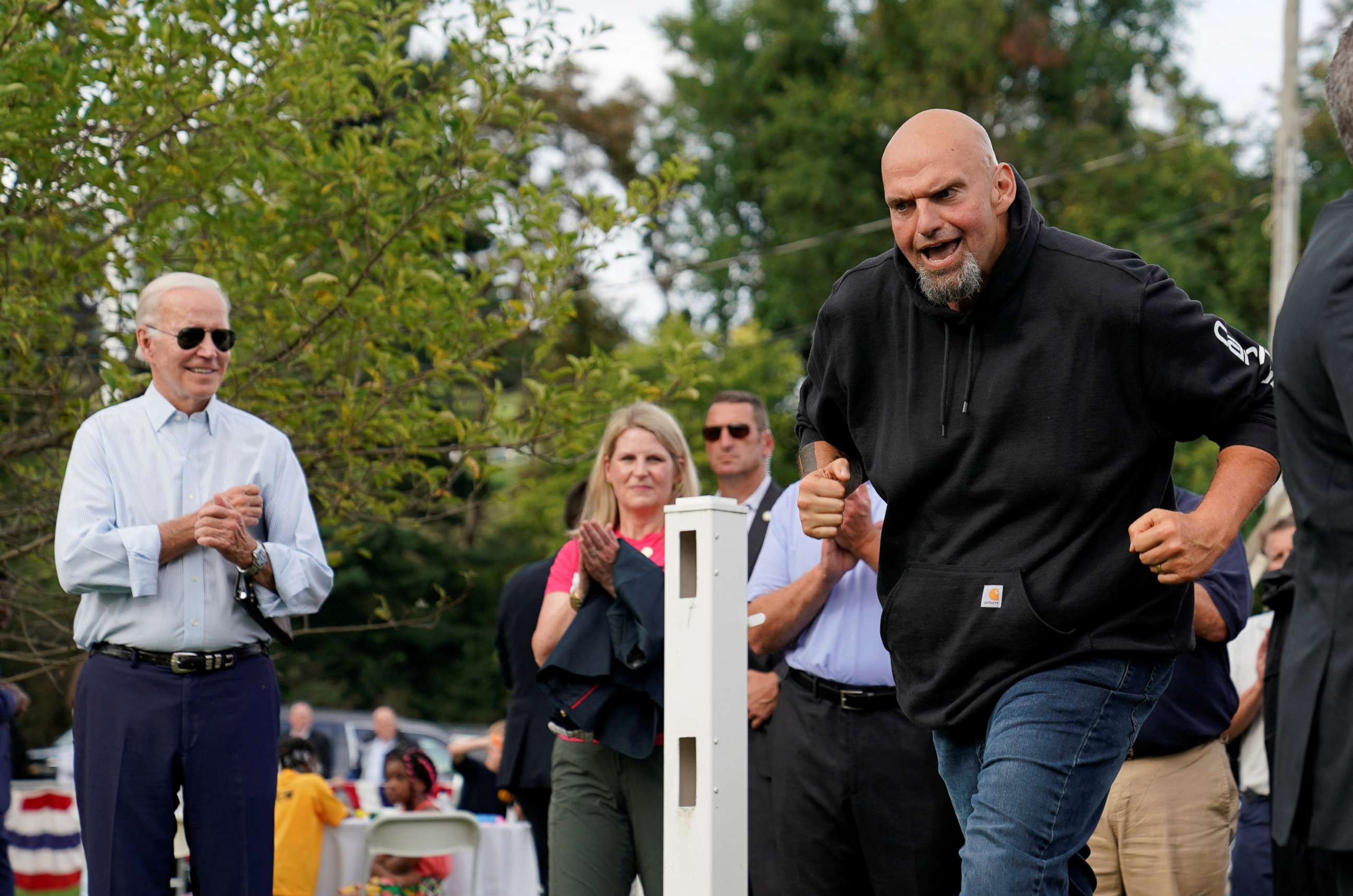 PHOTO: Pennsylvania Lieutenant Governor and U.S. Senate candidate John Fetterman gestures as President Joe Biden looks on as they attend a Labor Day celebration at the United Steelworkers of America Local Union 2227 in West Mifflin, Penn., Sept. 5, 2022.