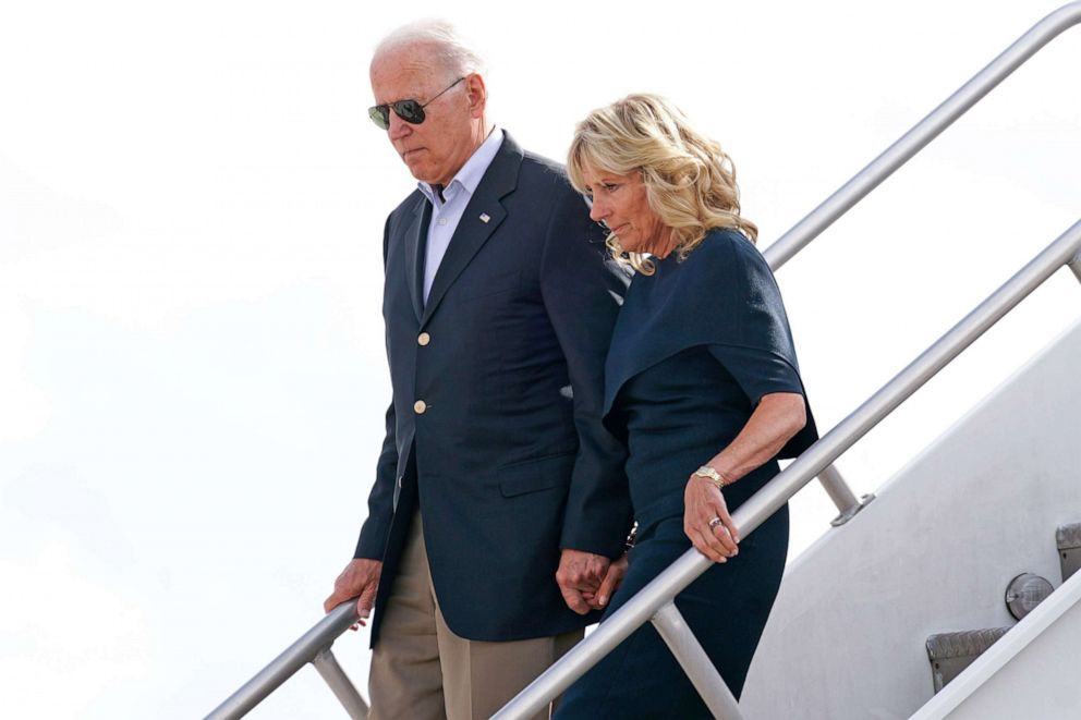 PHOTO: President Joe Biden and first lady Jill Biden disembark from Air Force One as they arrive at Miami International Airport in Miami, July 1, 2021.