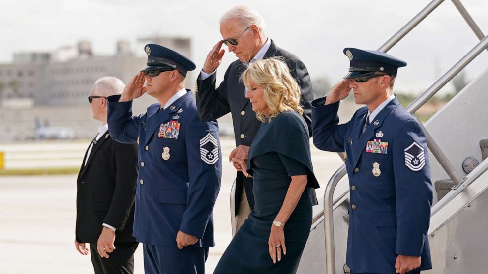 PHOTO: President Joe Biden and first lady Jill Biden disembark from Air Force One as they arrive at Miami International Airport in Miami, July 1, 2021.