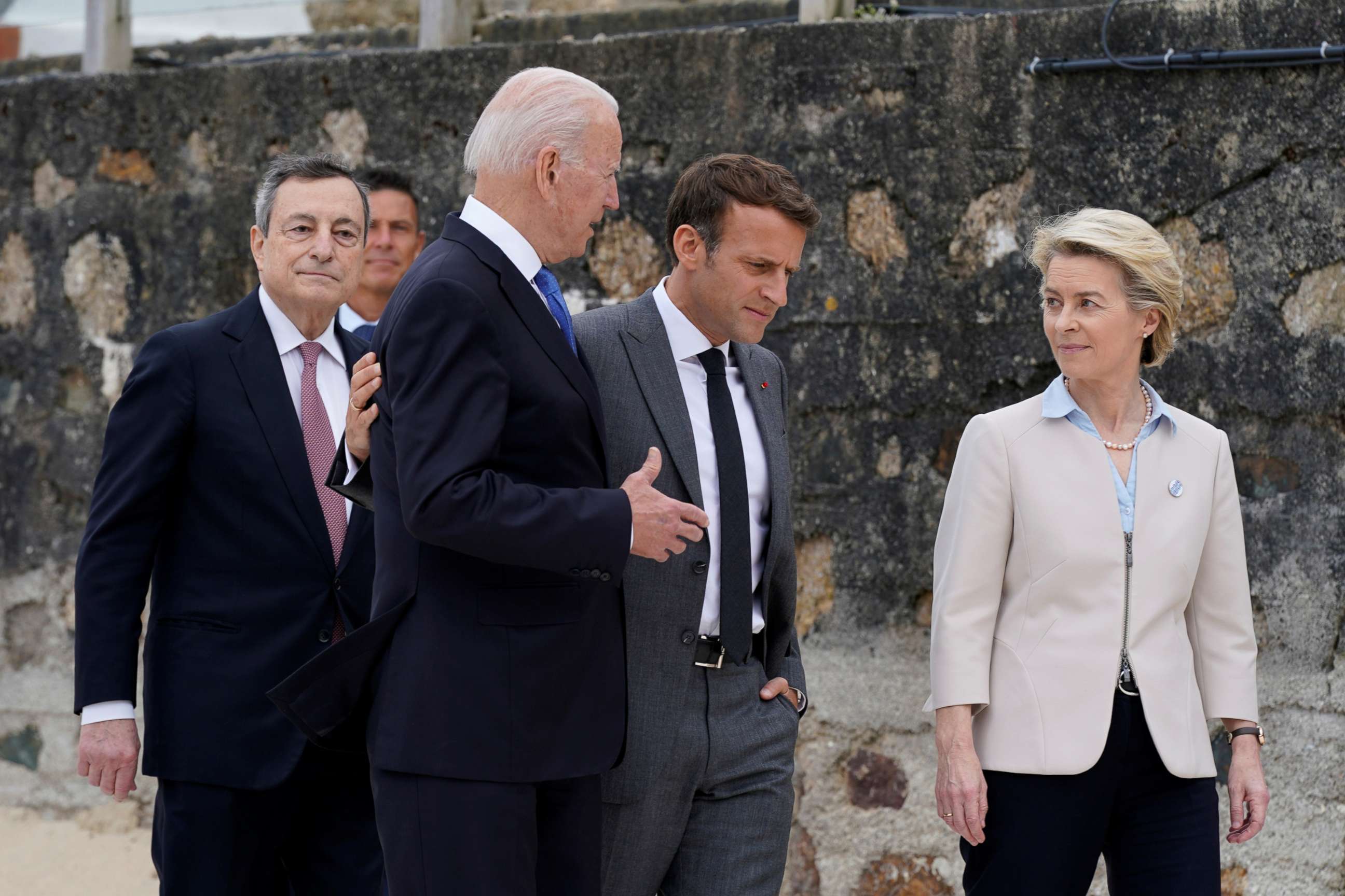 PHOTO: President Joe Biden speaks with French President Emmanuel Macron, European Commission President Ursula von der Leyen and Italian Prime Minister Mario Draghi, after posing for the family photo at the G7 summit, in Carbis Bay, Britain, June 11, 2021.