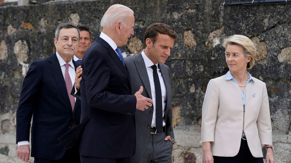 PHOTO: President Joe Biden speaks with French President Emmanuel Macron, European Commission President Ursula von der Leyen and Italian Prime Minister Mario Draghi, after posing for the family photo at the G7 summit, in Carbis Bay, Britain, June 11, 2021.