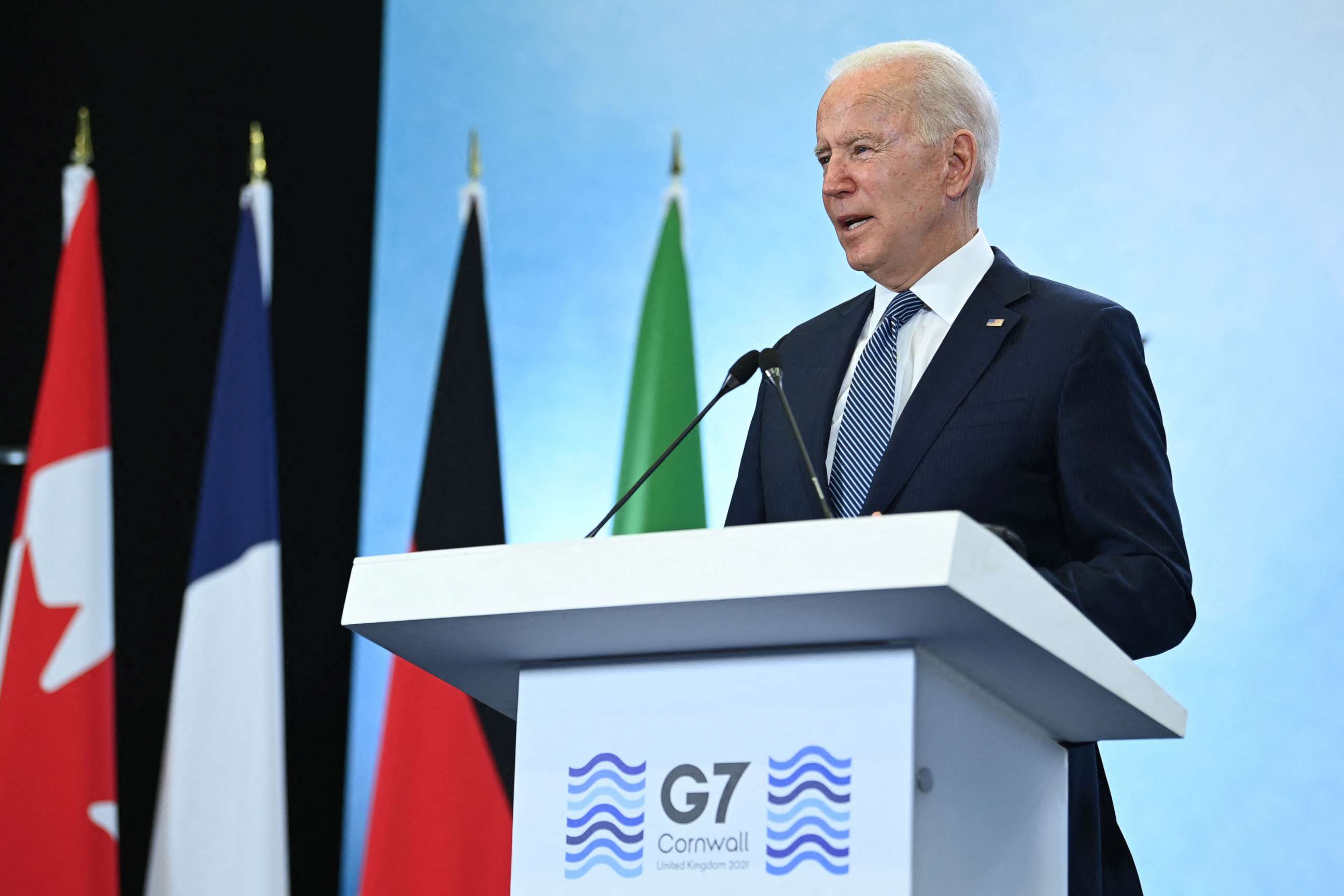 PHOTO: President Joe Biden takes part in a press conference on the final day of the G7 summit at Cornwall Airport Newquay, Cornwall, June 13, 2021.
