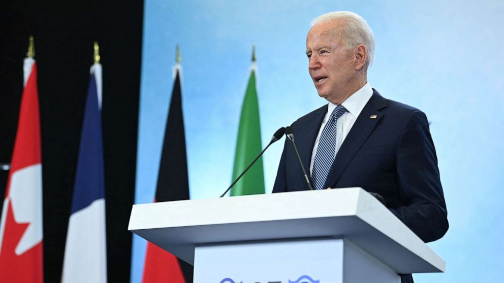 PHOTO: President Joe Biden takes part in a press conference on the final day of the G7 summit at Cornwall Airport Newquay, Cornwall, June 13, 2021.