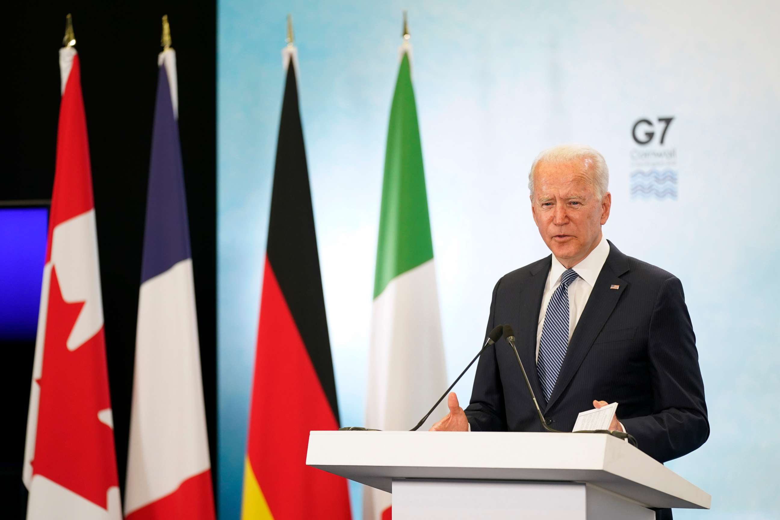 PHOTO: President Joe Biden speaks during a news conference after attending the G-7 summit, June 13, 2021, at Cornwall Airport in Newquay, England.