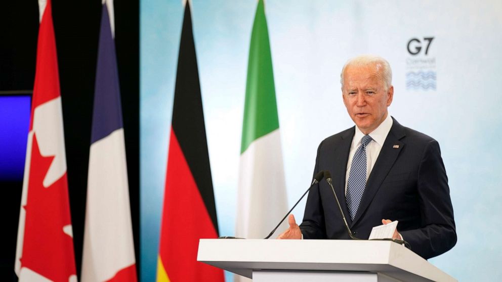 PHOTO: President Joe Biden speaks during a news conference after attending the G-7 summit, June 13, 2021, at Cornwall Airport in Newquay, England.