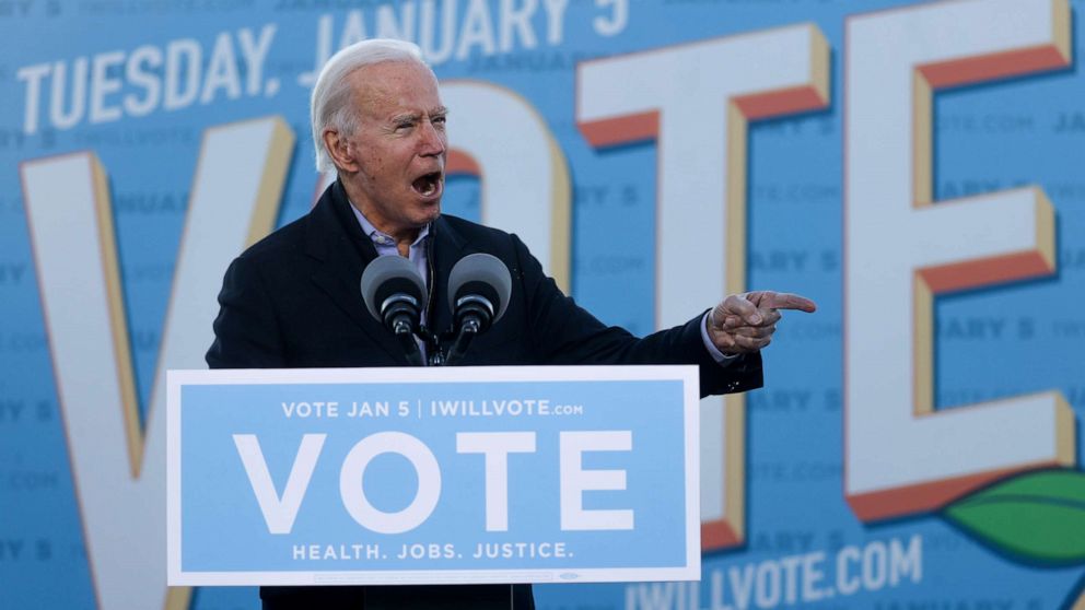 PHOTO: President-elect Joe Biden campaigns for Democratic U.S. Senate candidates Jon Ossoff and Raphael Warnock at a rally ahead of runoff elections in Atlanta on Jan. 4, 2021.