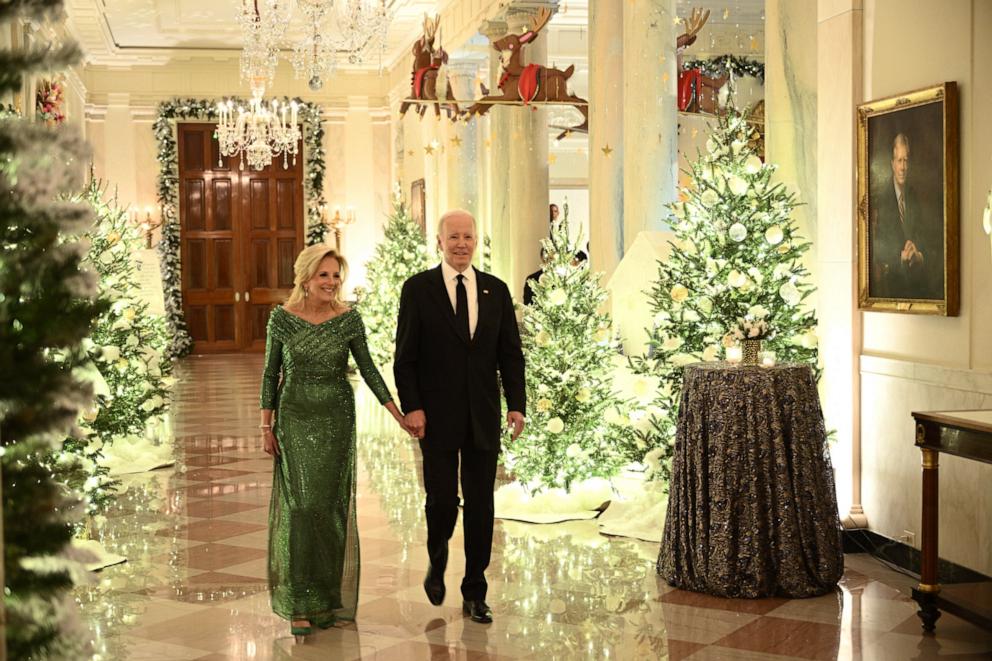 PHOTO: President Joe Biden and First Lady Jill Biden arrive for a reception for the 46th Kennedy Center Honors Gala, in the East Room of the White House in Washington, DC, on Dec. 3, 2023. 