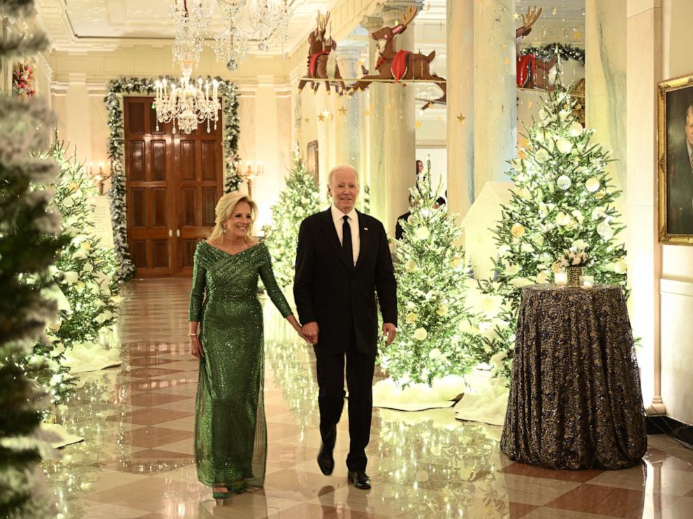 PHOTO: President Joe Biden and First Lady Jill Biden arrive for a reception for the 46th Kennedy Center Honors Gala, in the East Room of the White House in Washington, DC, on Dec. 3, 2023. 